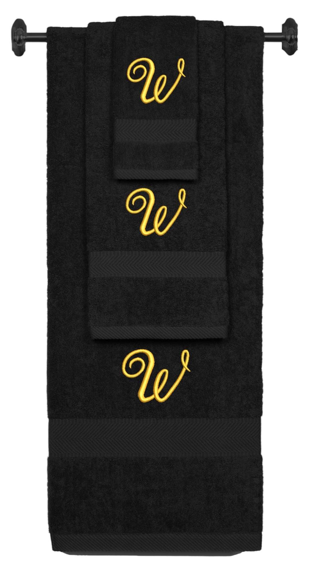 Black monogrammed towel set with Gold thread, Diana Script font, initial W - 540 GSM cotton 3-piece