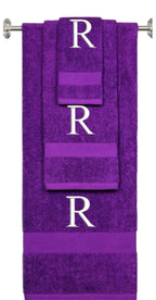 Purple monogrammed towel set with White thread, Times New Roman font, initial R - 540 GSM cotton 3-piece