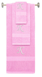 Pink monogrammed towel set with White thread, Chancery font, initial K - 540 GSM cotton 3-piece