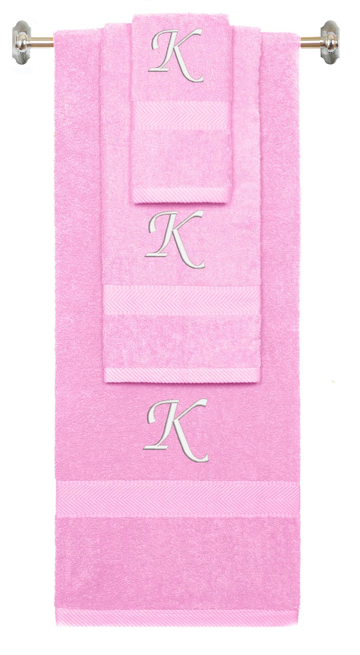 Pink monogrammed towel set with White thread, Chancery font, initial K - 540 GSM cotton 3-piece