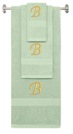 Mint Green monogrammed towel set with Gold thread, Chancery font, initial B - 540 GSM cotton 3-piece