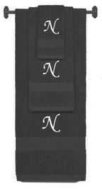 Charcoal monogrammed towel set with White thread, Chancery font, initial N - 540 GSM cotton 3-piece