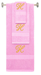 Pink monogrammed towel set with Gold thread, Diana Script font, initial H - 540 GSM cotton 3-piece