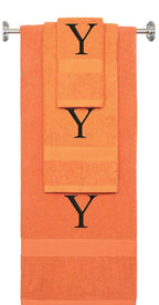 Orange monogrammed towel set with Black thread, Times New Roman font, initial Y - 540 GSM cotton 3-piece