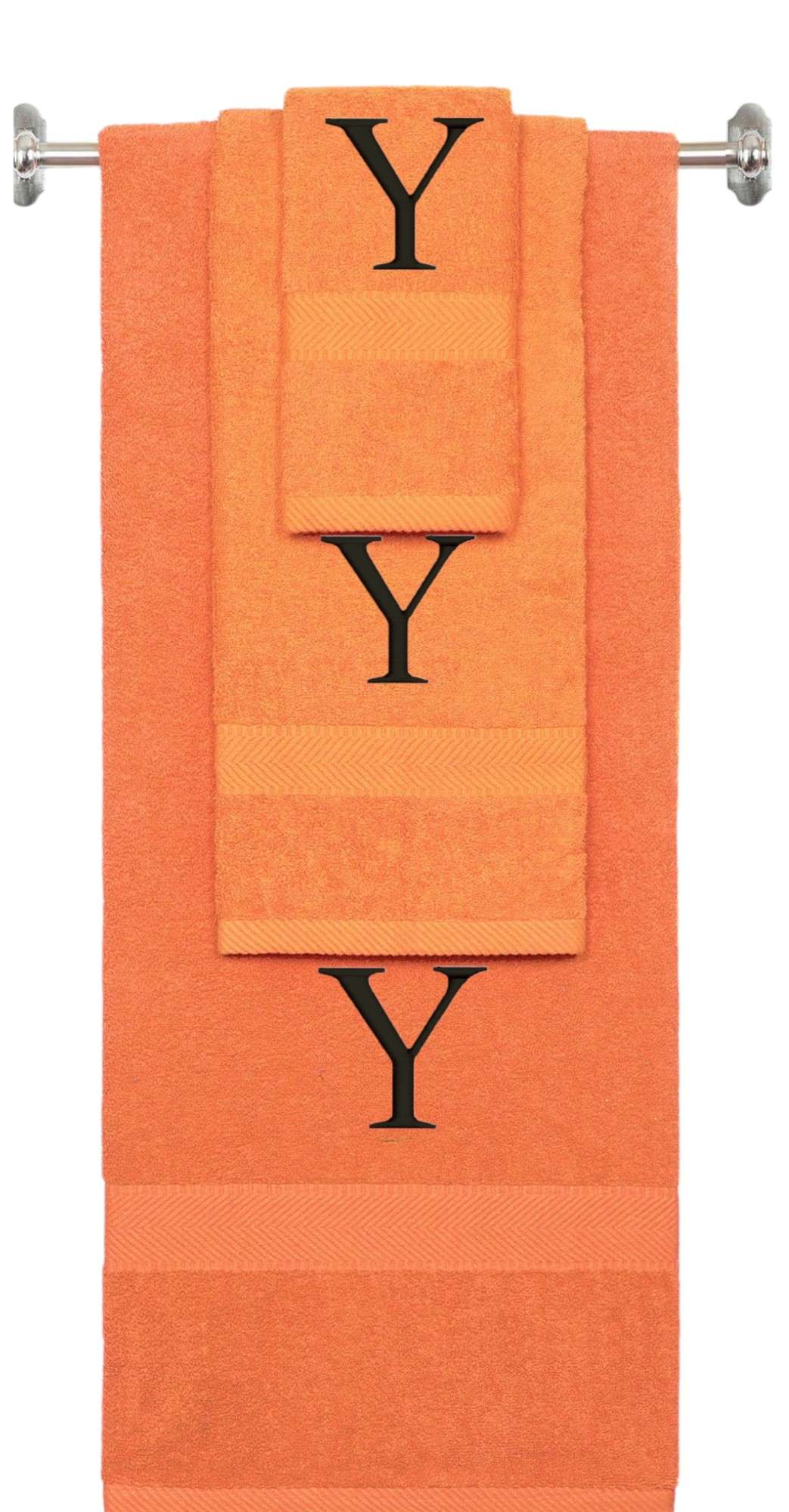 Orange monogrammed towel set with Black thread, Times New Roman font, initial Y - 540 GSM cotton 3-piece