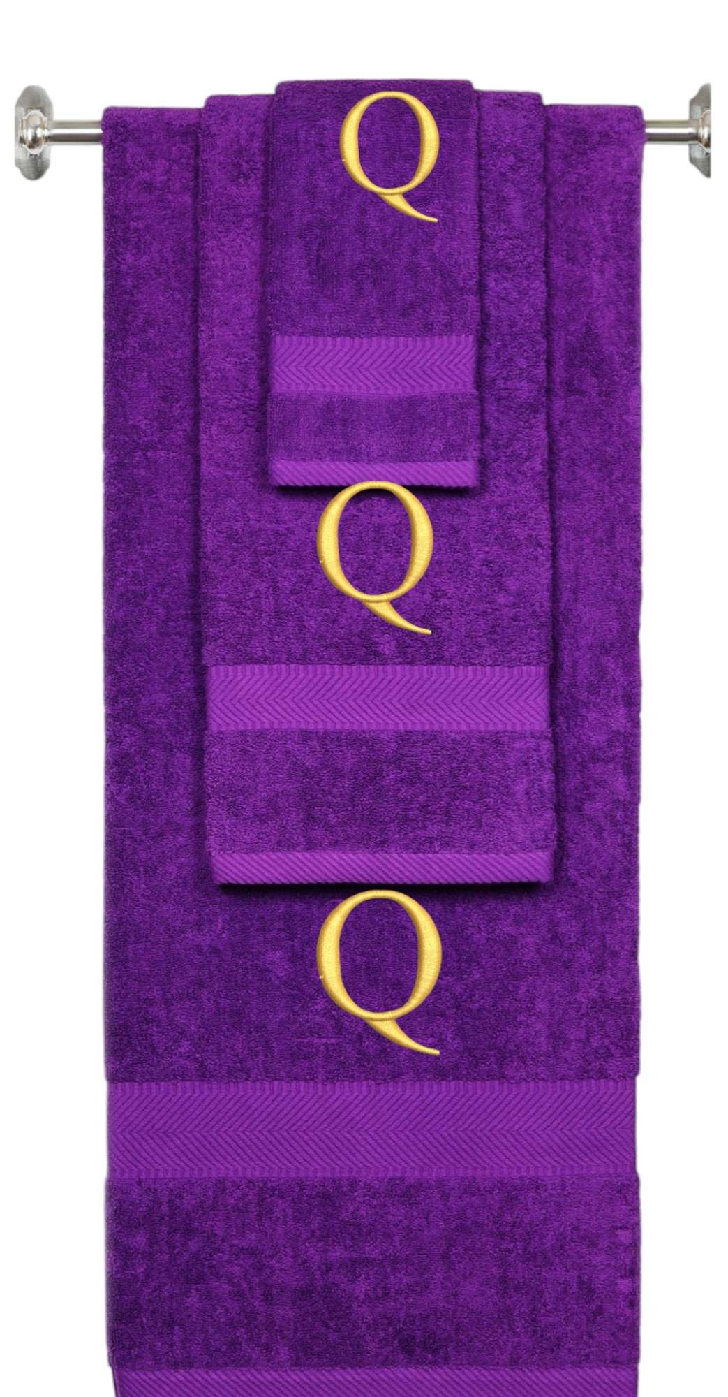 Purple monogrammed towel set with Gold thread, Times New Roman font, initial Q - 540 GSM cotton 3-piece