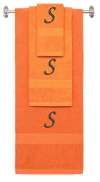 Orange monogrammed towel set with Black thread, Chancery font, initial S - 540 GSM cotton 3-piece