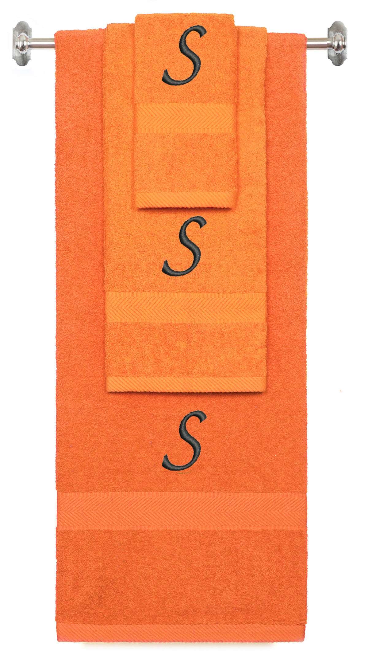 Orange monogrammed towel set with Black thread, Chancery font, initial S - 540 GSM cotton 3-piece