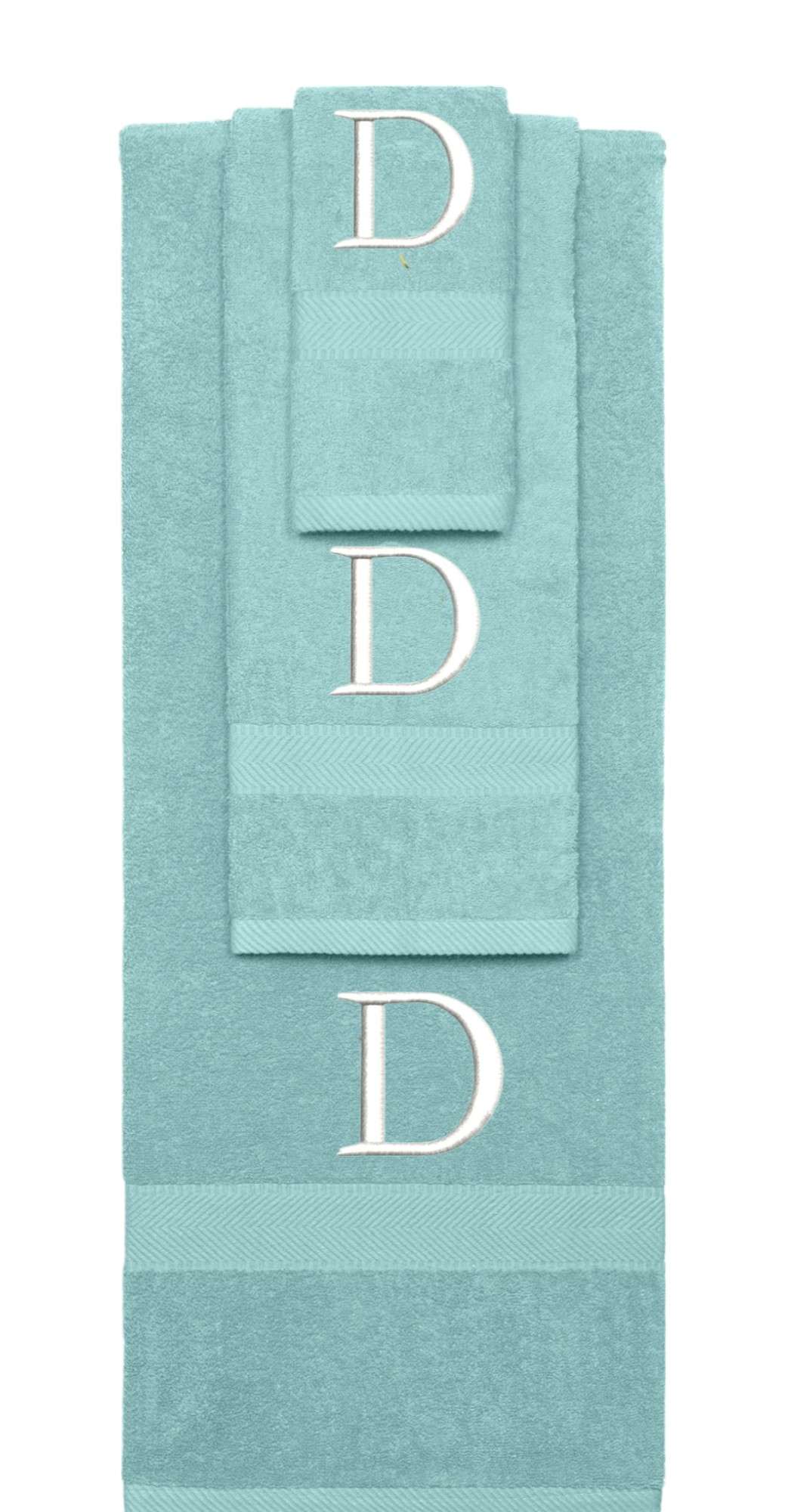 Nautical Teal monogrammed towel set with White thread, Times New Roman font, initial D - 540 GSM cotton 3-piece