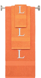 Orange monogrammed towel set with Silver thread, Times New Roman font, initial L - 540 GSM cotton 3-piece