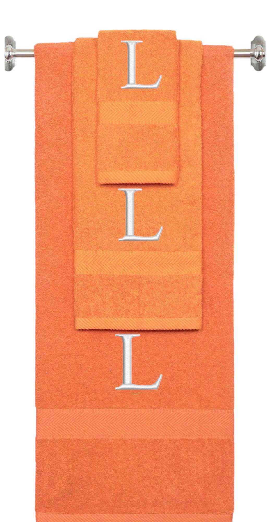 Orange monogrammed towel set with Silver thread, Times New Roman font, initial L - 540 GSM cotton 3-piece