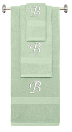 Mint Green monogrammed towel set with White thread, Chancery font, initial B - 540 GSM cotton 3-piece