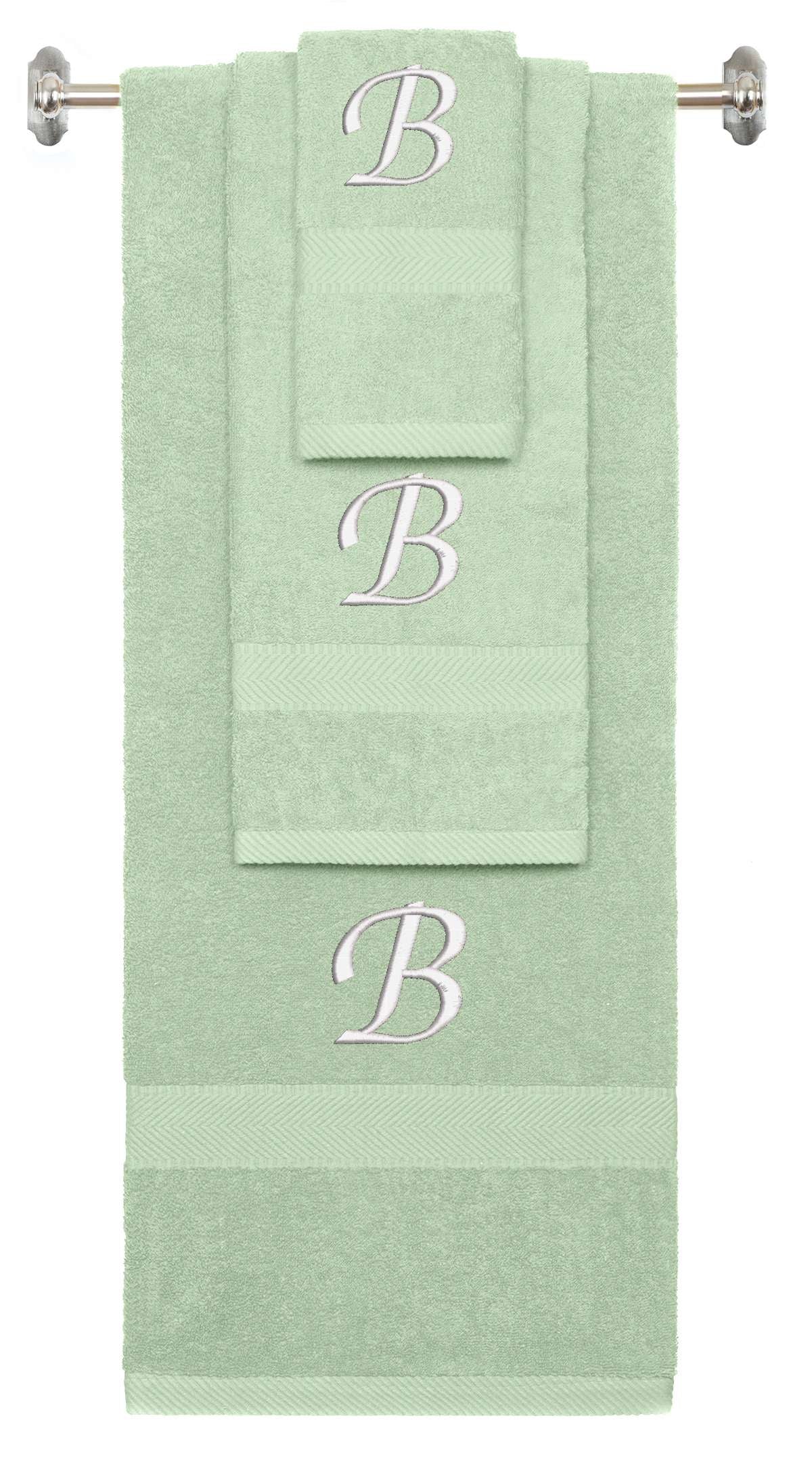 Mint Green monogrammed towel set with White thread, Chancery font, initial B - 540 GSM cotton 3-piece