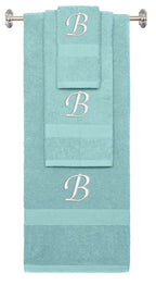 Nautical Teal monogrammed towel set with White thread, Chancery font, initial B - 540 GSM cotton 3-piece