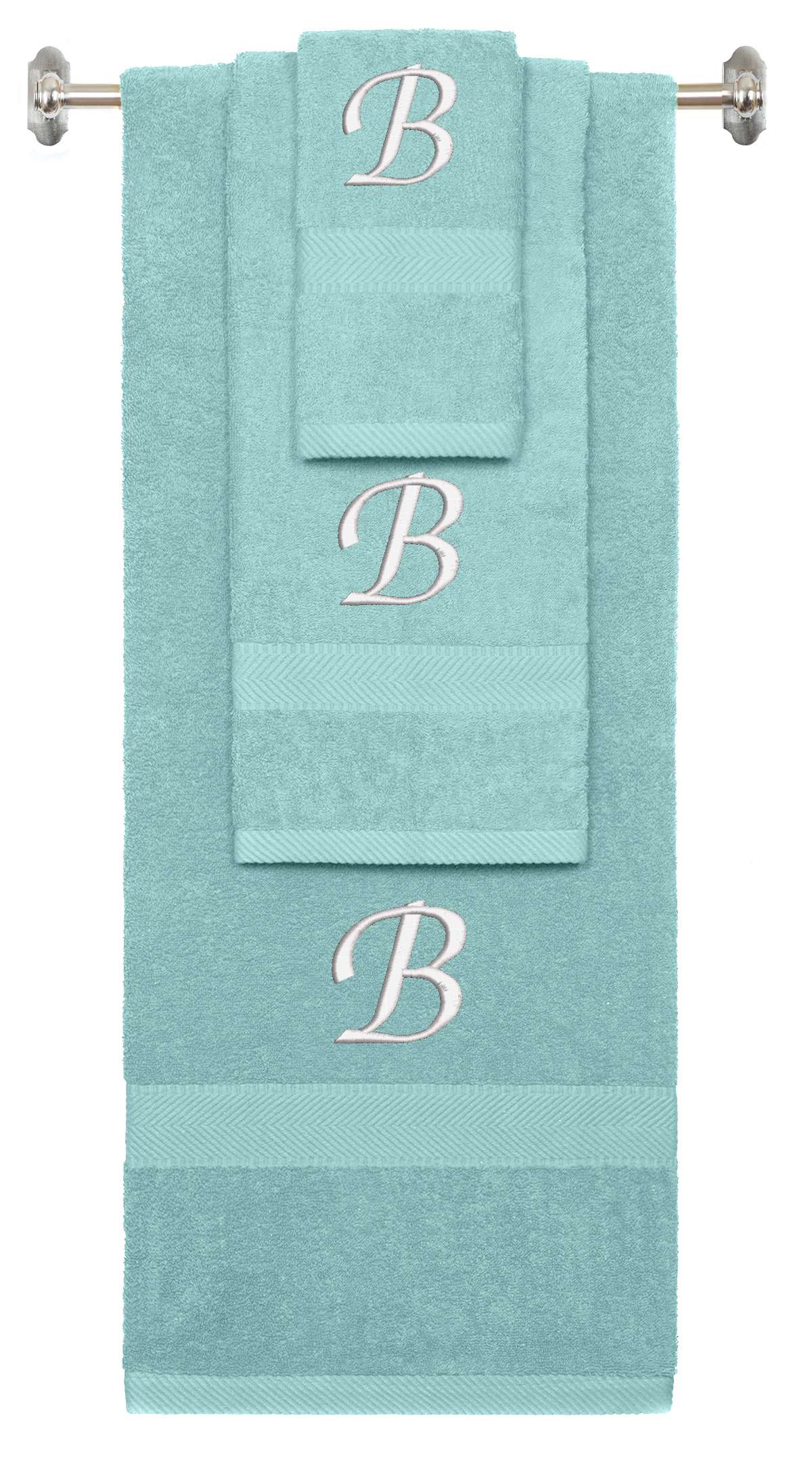 Nautical Teal monogrammed towel set with White thread, Chancery font, initial B - 540 GSM cotton 3-piece