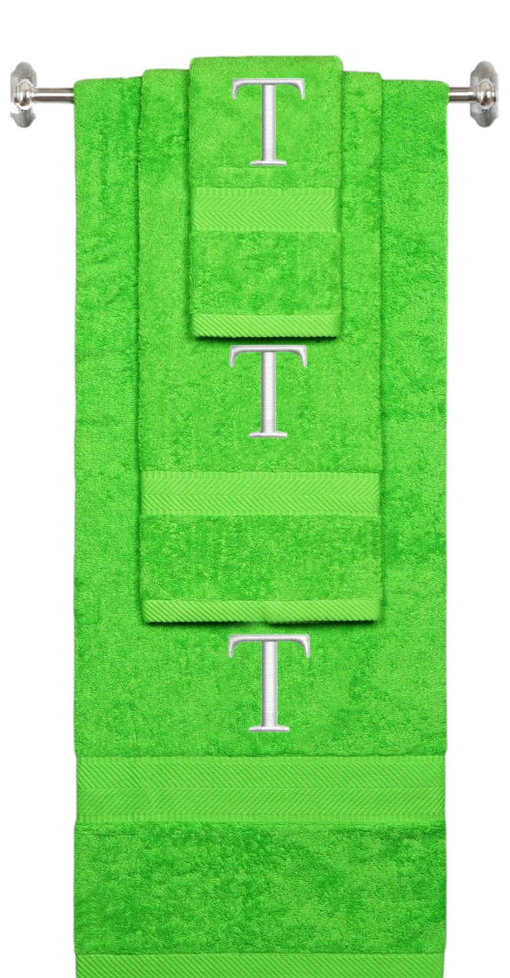 Lime monogrammed towel set with Silver thread, Times New Roman font, initial T - 540 GSM cotton 3-piece