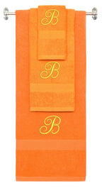 Orange monogrammed towel set with Gold thread, Diana Script font, initial B - 540 GSM cotton 3-piece