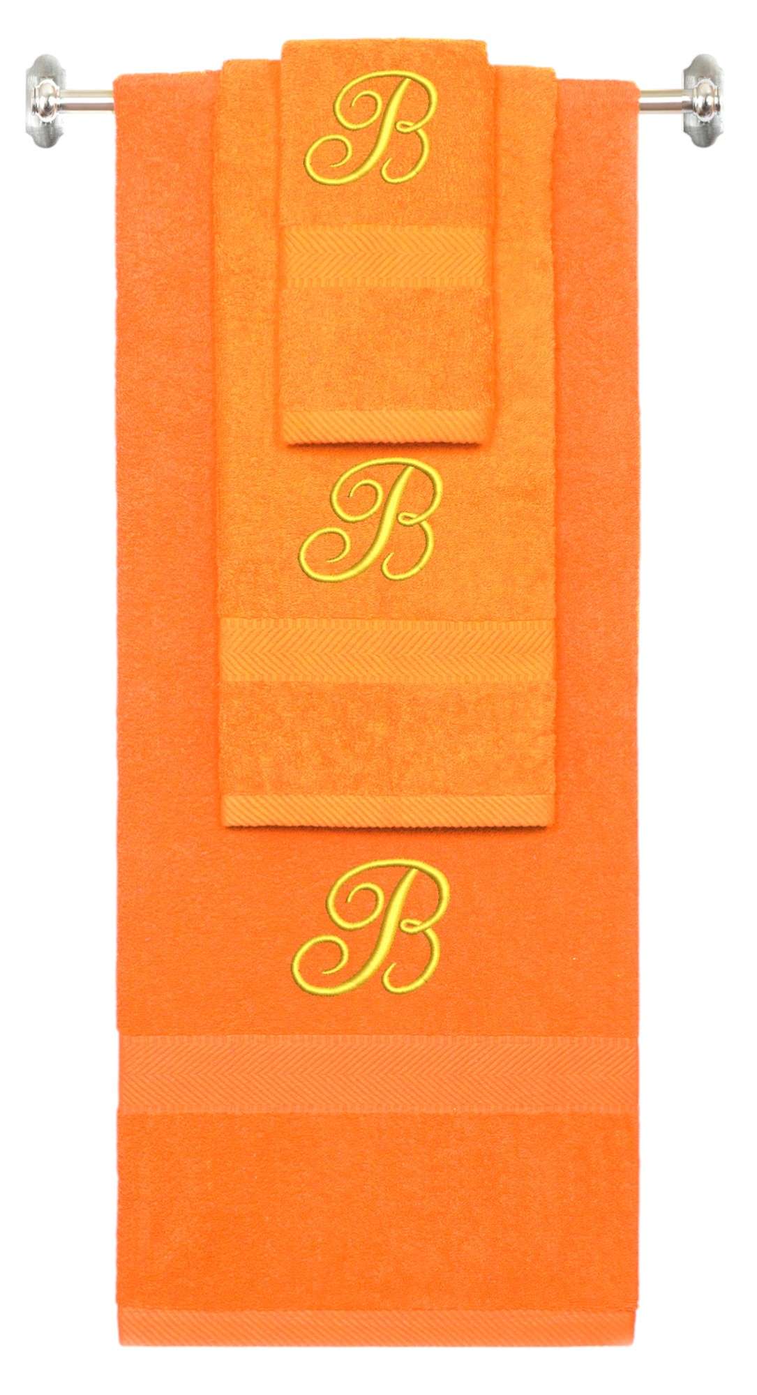 Orange monogrammed towel set with Gold thread, Diana Script font, initial B - 540 GSM cotton 3-piece