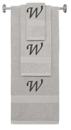 Silver monogrammed towel set with Black thread, Chancery font, initial W - 540 GSM cotton 3-piece