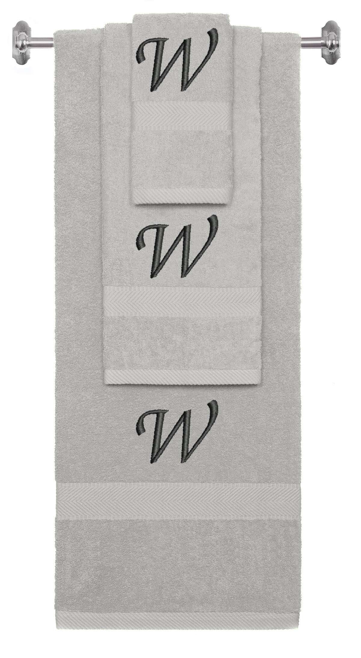 Silver monogrammed towel set with Black thread, Chancery font, initial W - 540 GSM cotton 3-piece