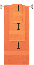 Orange monogrammed towel set with Black thread, Times New Roman font, initial I - 540 GSM cotton 3-piece