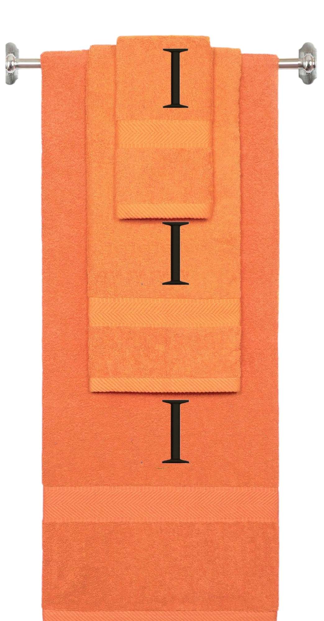 Orange monogrammed towel set with Black thread, Times New Roman font, initial I - 540 GSM cotton 3-piece