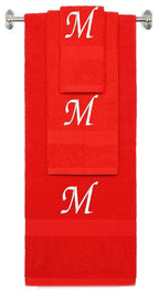 Red monogrammed towel set with White thread, Chancery font, initial M - 540 GSM cotton 3-piece