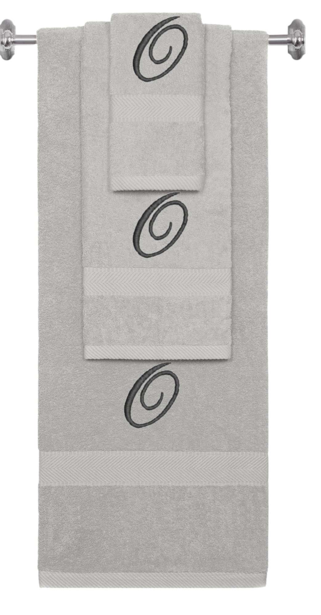 Silver monogrammed towel set with Black thread, Diana Script font, initial O - 540 GSM cotton 3-piece
