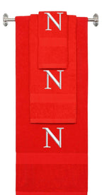 Red monogrammed towel set with Silver thread, Times New Roman font, initial N - 540 GSM cotton 3-piece