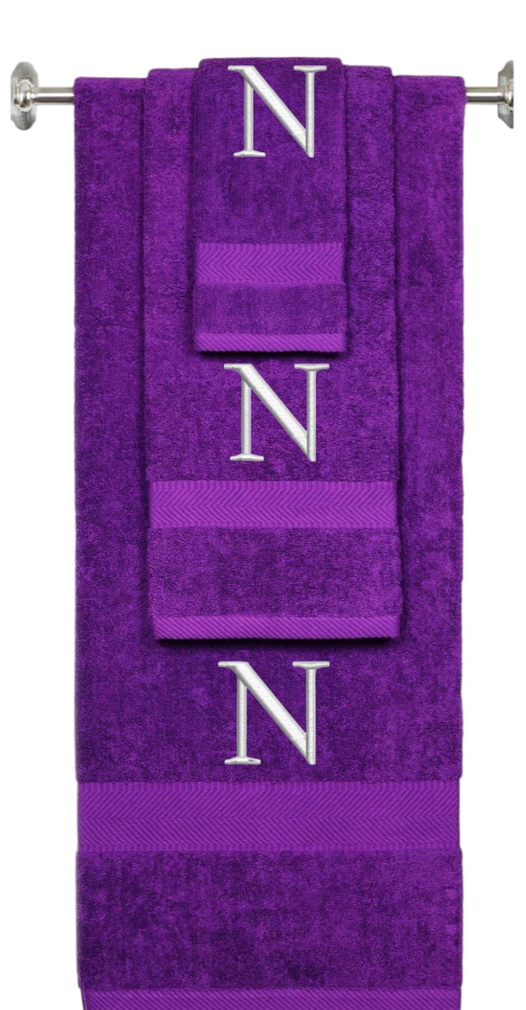Purple monogrammed towel set with Silver thread, Times New Roman font, initial N - 540 GSM cotton 3-piece