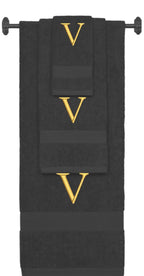 Charcoal monogrammed towel set with Gold thread, Times New Roman font, initial V - 540 GSM cotton 3-piece