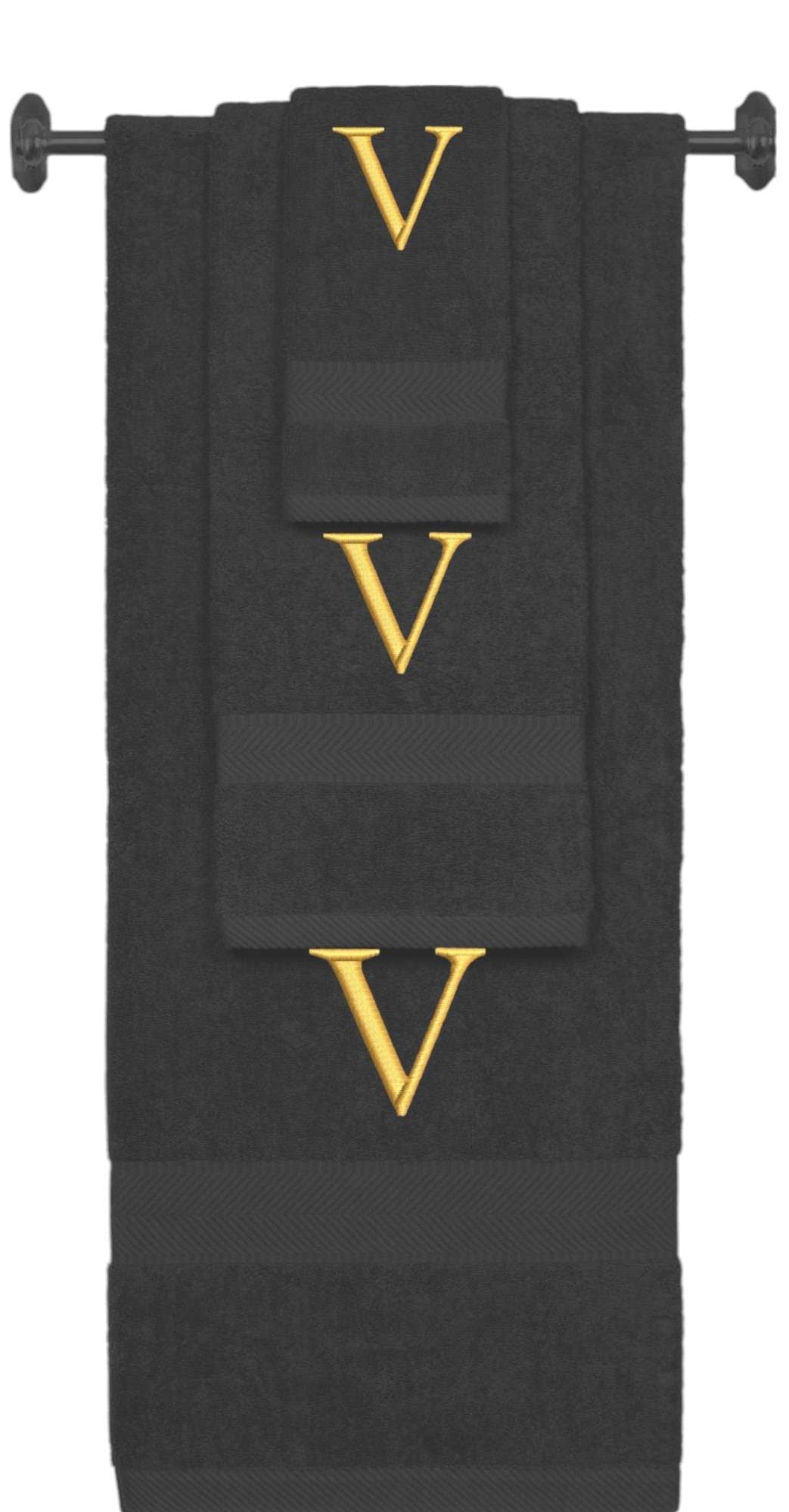Charcoal monogrammed towel set with Gold thread, Times New Roman font, initial V - 540 GSM cotton 3-piece