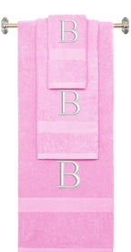 Pink monogrammed towel set with White thread, Times New Roman font, initial B - 540 GSM cotton 3-piece