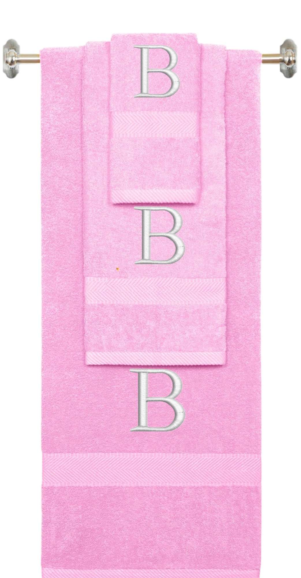 Pink monogrammed towel set with White thread, Times New Roman font, initial B - 540 GSM cotton 3-piece