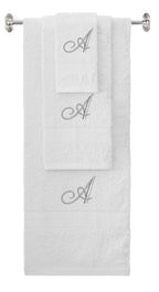 White monogrammed towel set with Silver thread, Diana Script font, initial A - 540 GSM cotton 3-piece