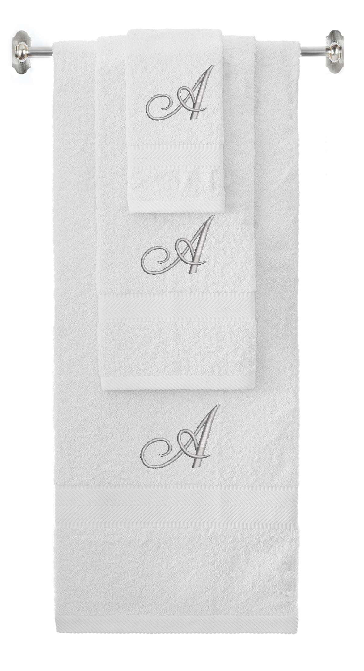 White monogrammed towel set with Silver thread, Diana Script font, initial A - 540 GSM cotton 3-piece