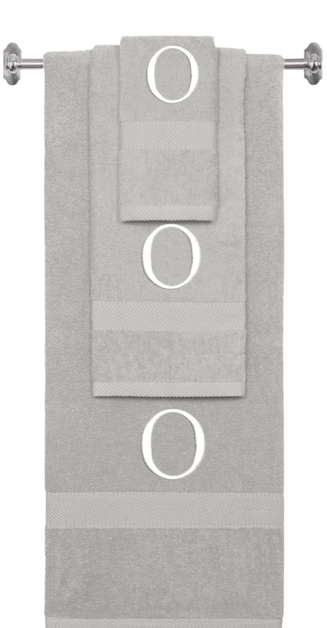 Silver monogrammed towel set with White thread, Times New Roman font, initial O - 540 GSM cotton 3-piece
