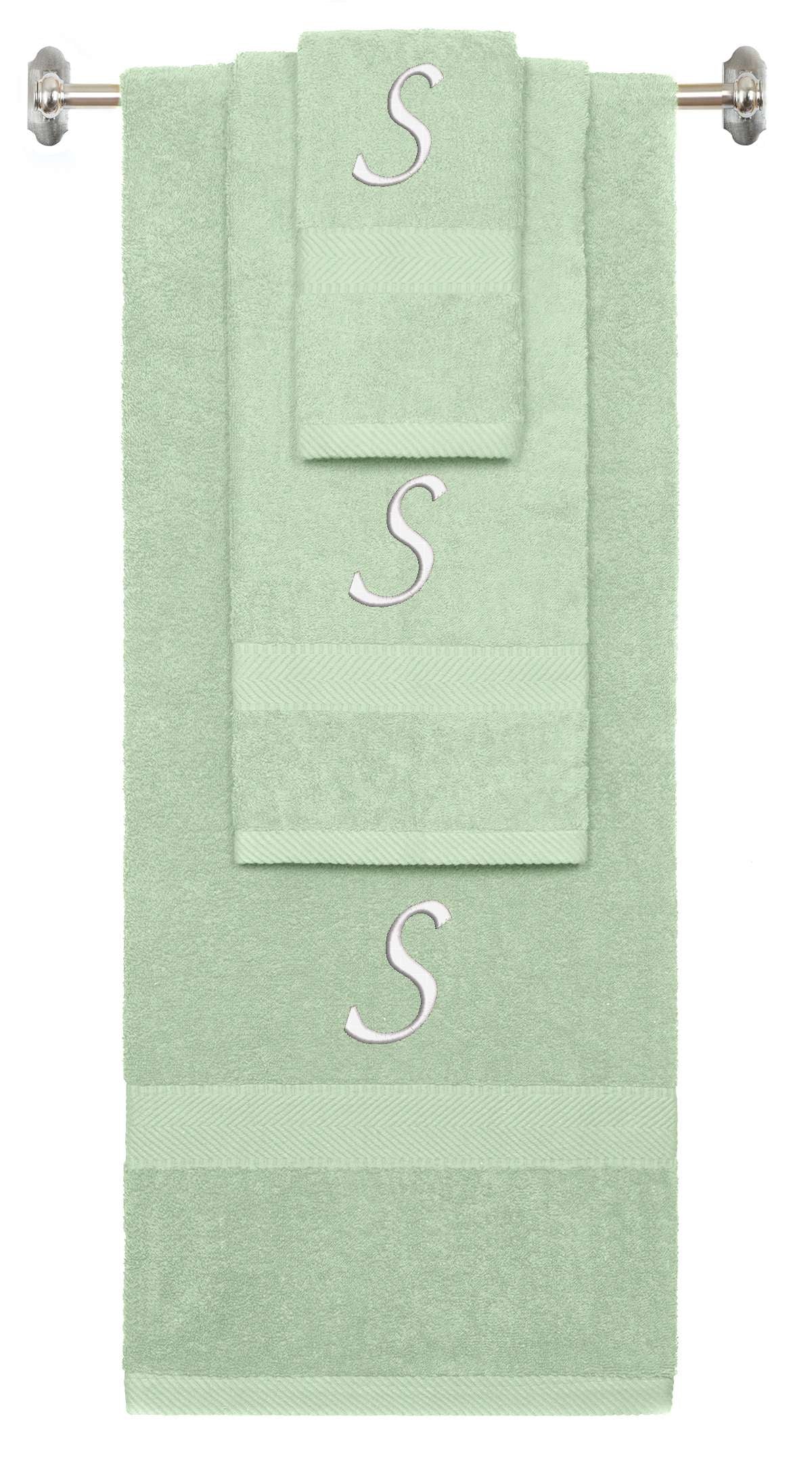 Mint Green monogrammed towel set with White thread, Chancery font, initial S - 540 GSM cotton 3-piece