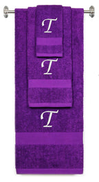 Purple monogrammed towel set with White thread, Chancery font, initial T - 540 GSM cotton 3-piece