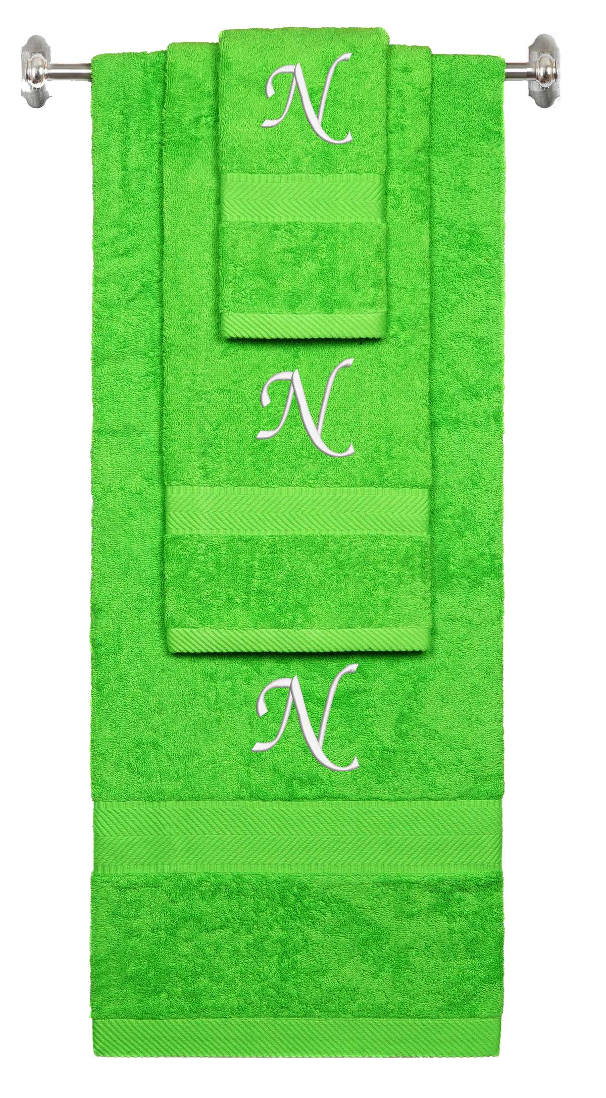 Lime monogrammed towel set with White thread, Chancery font, initial N - 540 GSM cotton 3-piece