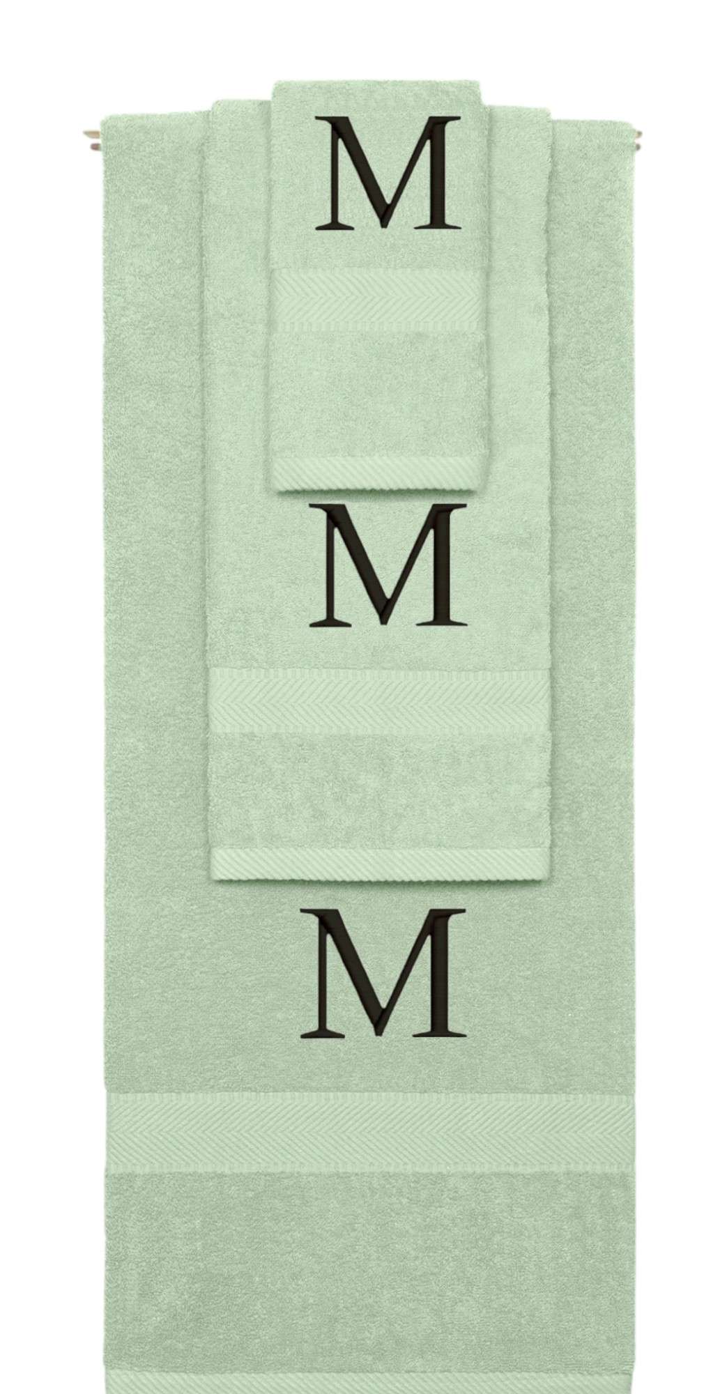 Mint Green monogrammed towel set with Black thread, Times New Roman font, initial M - 540 GSM cotton 3-piece