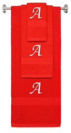 Red monogrammed towel set with Silver thread, Chancery font, initial A - 540 GSM cotton 3-piece