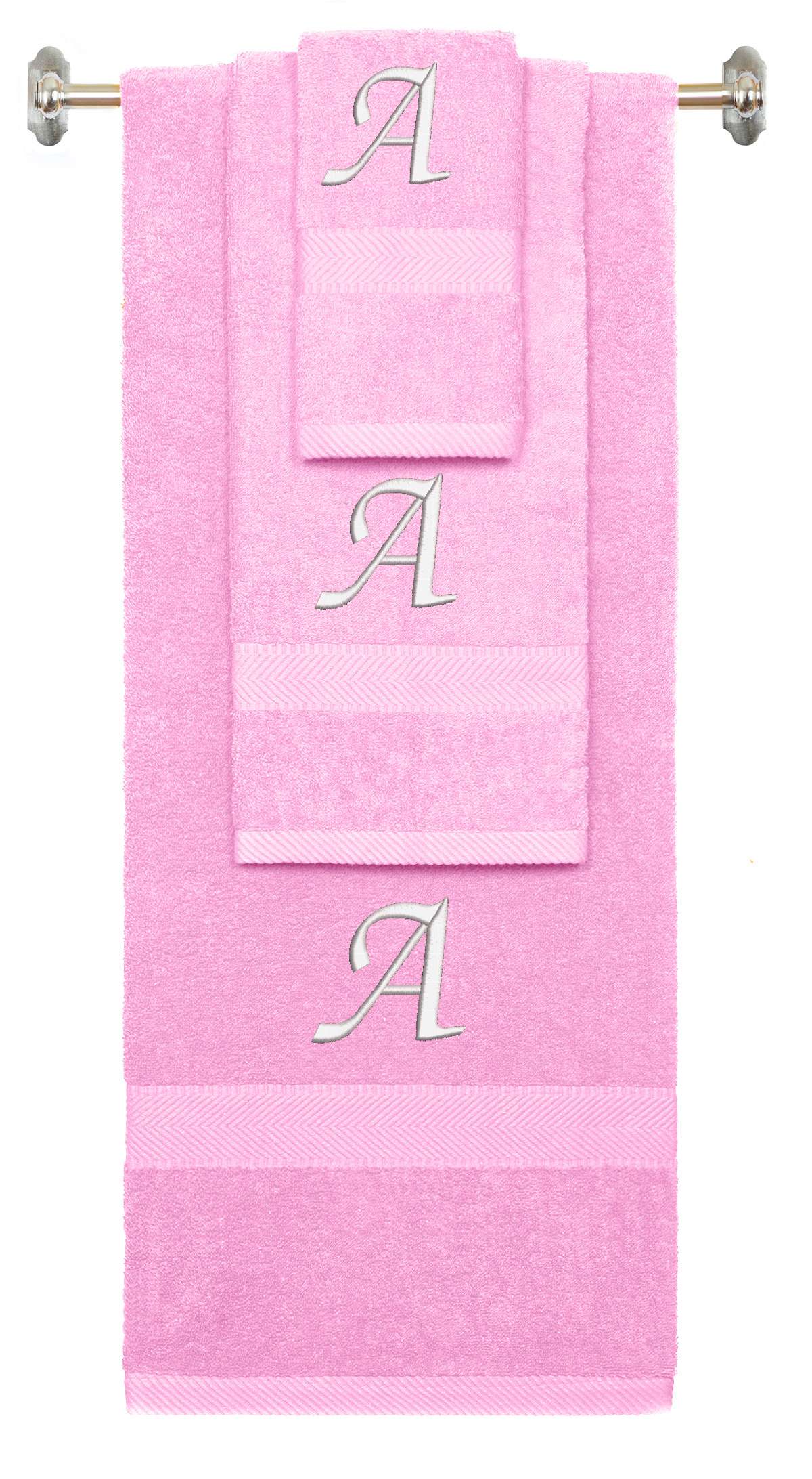 Pink monogrammed towel set with White thread, Chancery font, initial A - 540 GSM cotton 3-piece
