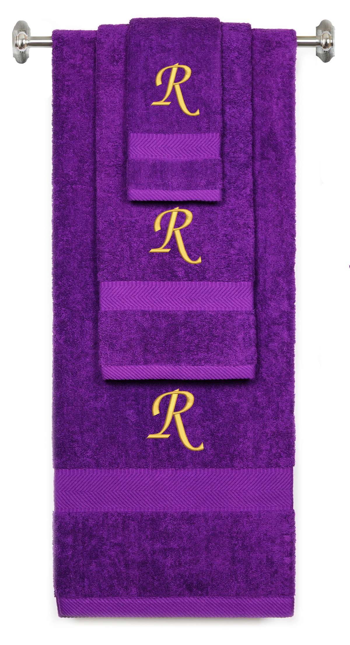 Purple monogrammed towel set with Gold thread, Chancery font, initial R - 540 GSM cotton 3-piece
