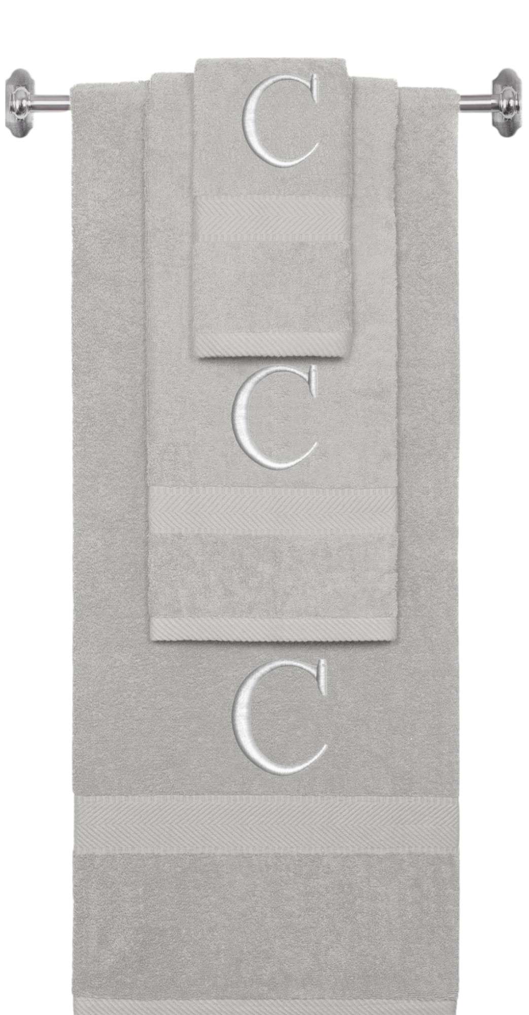 Silver monogrammed towel set with Silver thread, Times New Roman font, initial C - 540 GSM cotton 3-piece