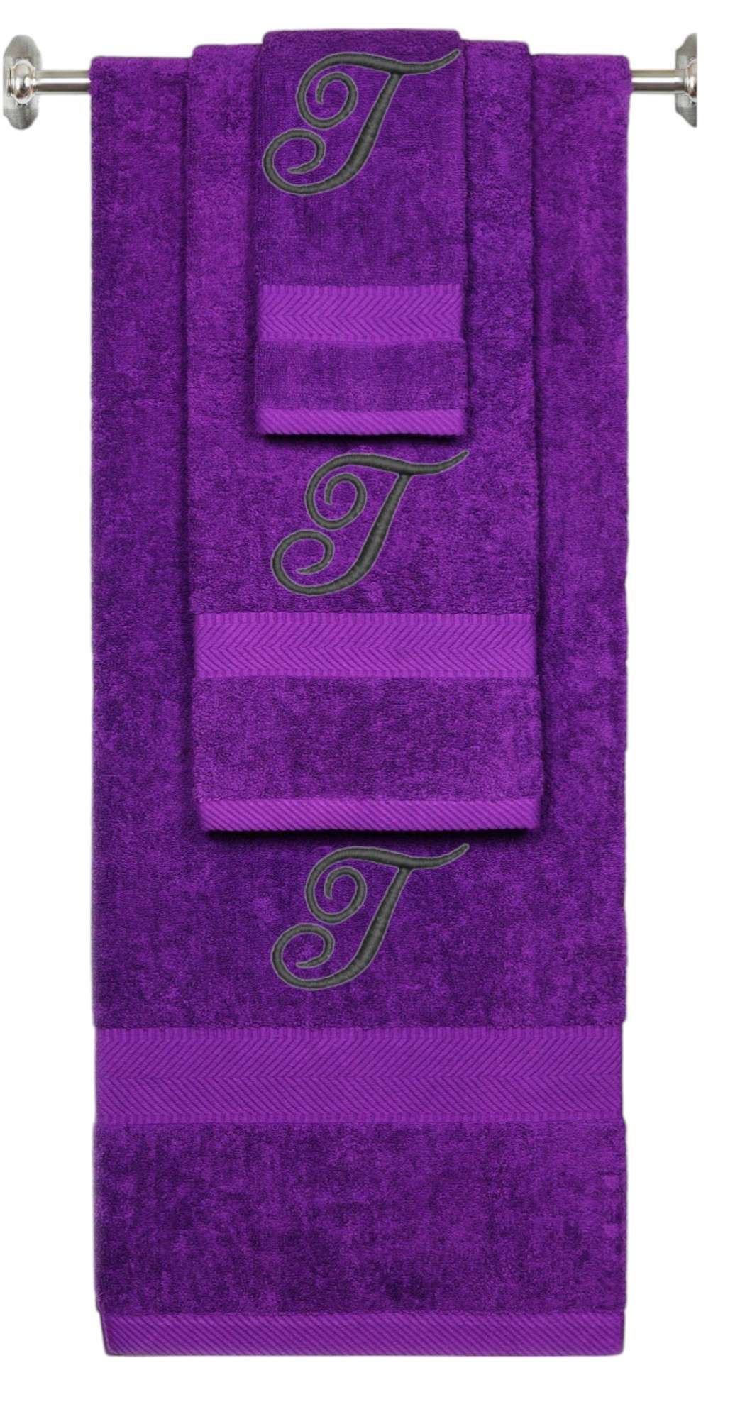 Purple monogrammed towel set with Black thread, Diana Script font, initial T - 540 GSM cotton 3-piece