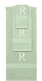 Mint Green monogrammed towel set with White thread, Times New Roman font, initial R - 540 GSM cotton 3-piece