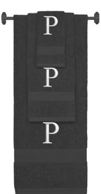 Charcoal monogrammed towel set with Silver thread, Times New Roman font, initial P - 540 GSM cotton 3-piece