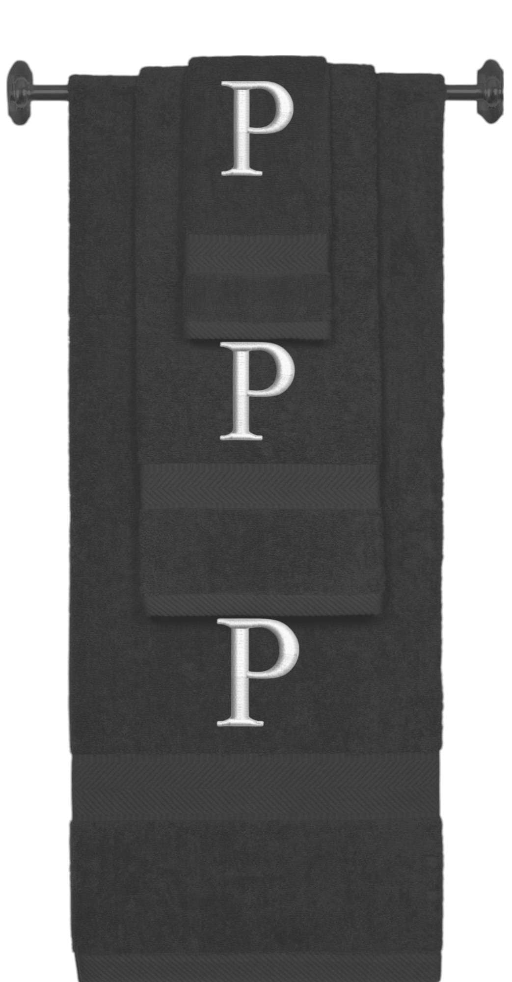 Charcoal monogrammed towel set with Silver thread, Times New Roman font, initial P - 540 GSM cotton 3-piece