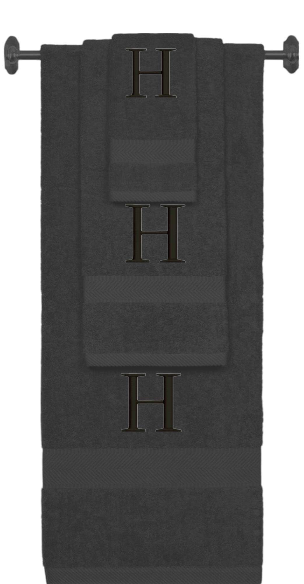 Charcoal monogrammed towel set with Black thread, Times New Roman font, initial H - 540 GSM cotton 3-piece